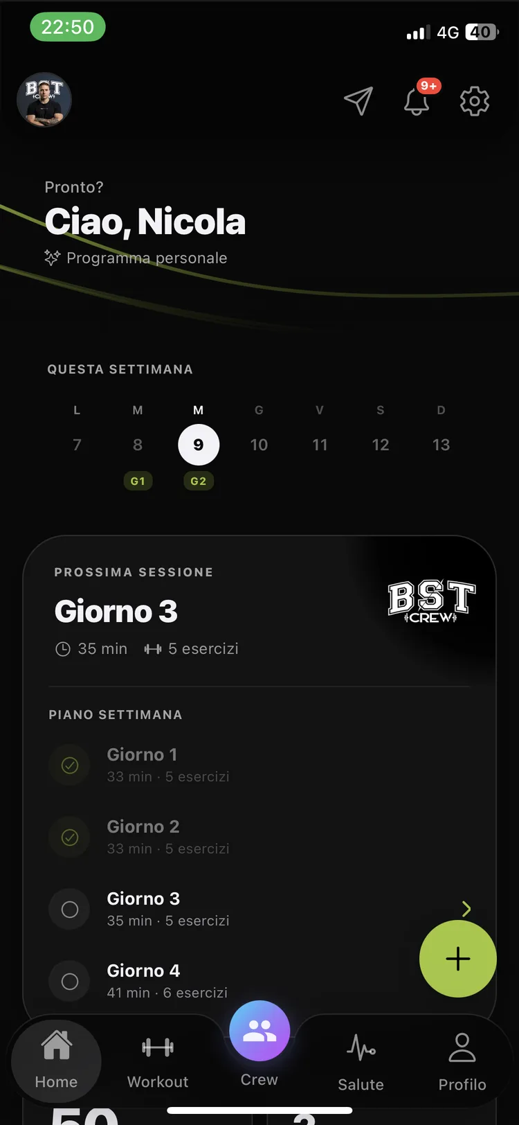 Schermata iniziale dell’app con l’allenamento previsto per oggi